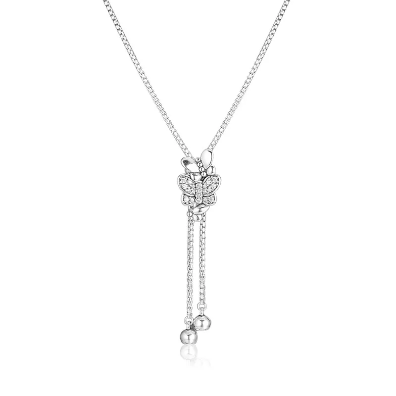 

Spring Statement Necklaces for Women Clear CZ Crystal Dancing Butterfly Charm Silver Necklaces & Pendants Long Chain Jewelry New