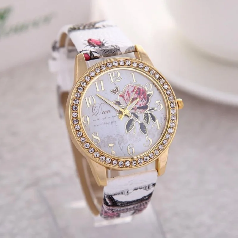 Reloj mujer, женские часы с розами, с узором, с циферблатом, женские наручные часы, кожаный ремешок с граффити, женские часы, relogio feminino - Цвет: Белый