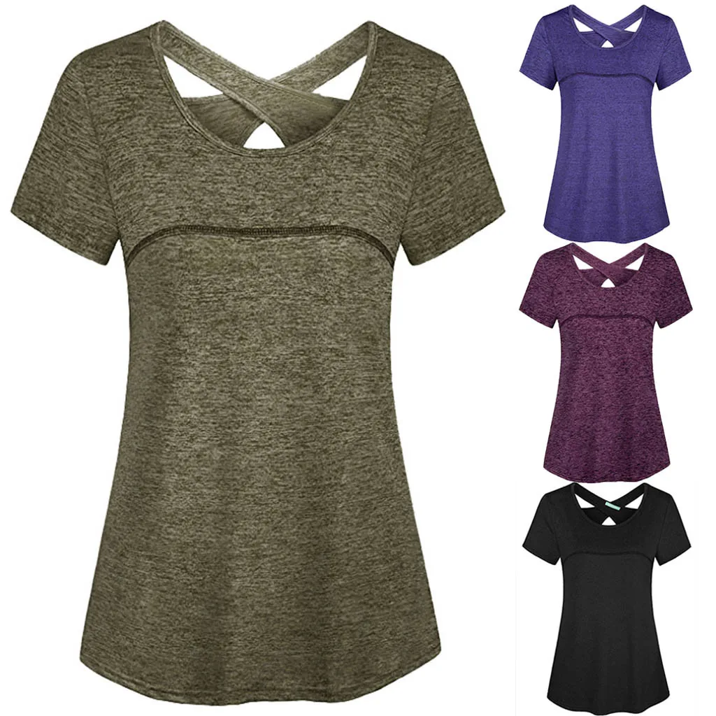 

2019 New arrival Summer Women T-shirt Solid Tunic Short Sleeve O-Neck Criss Cross Babdage Back Sports Gym Athletic best selling