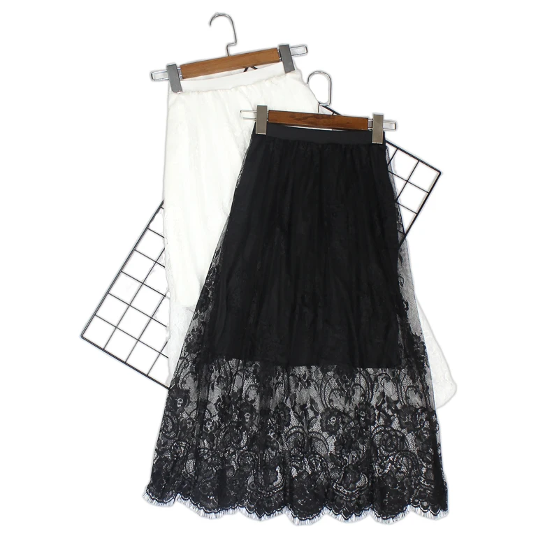 Women Summer Sexy Lace Mesh Long Midi Skirt Casual Vintage High Waist Hollow Out Slim All-Match Lining Black White Skirt 210