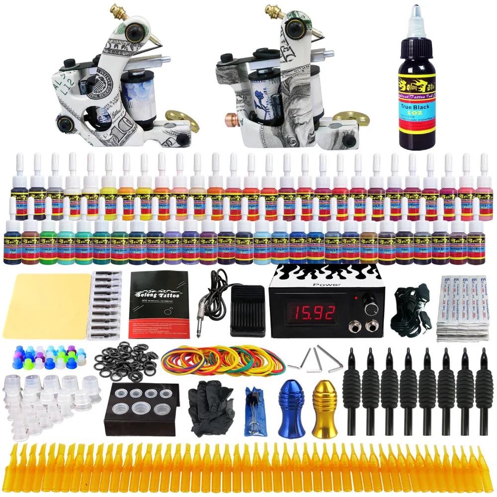 

2018 New Professional Tattoo Kit 2 Machine Gun 54 Color Inks Power Supply Complete Tattoo Kits TK252