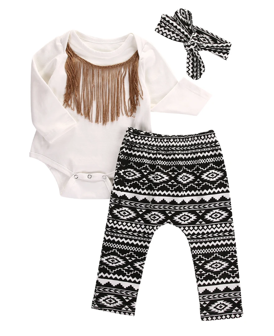 

Infant Toddler Baby Girls Clothes Set Long Sleeve Tassel Romper +Floral Pants Set Legging Pant Headband Outfits Set New