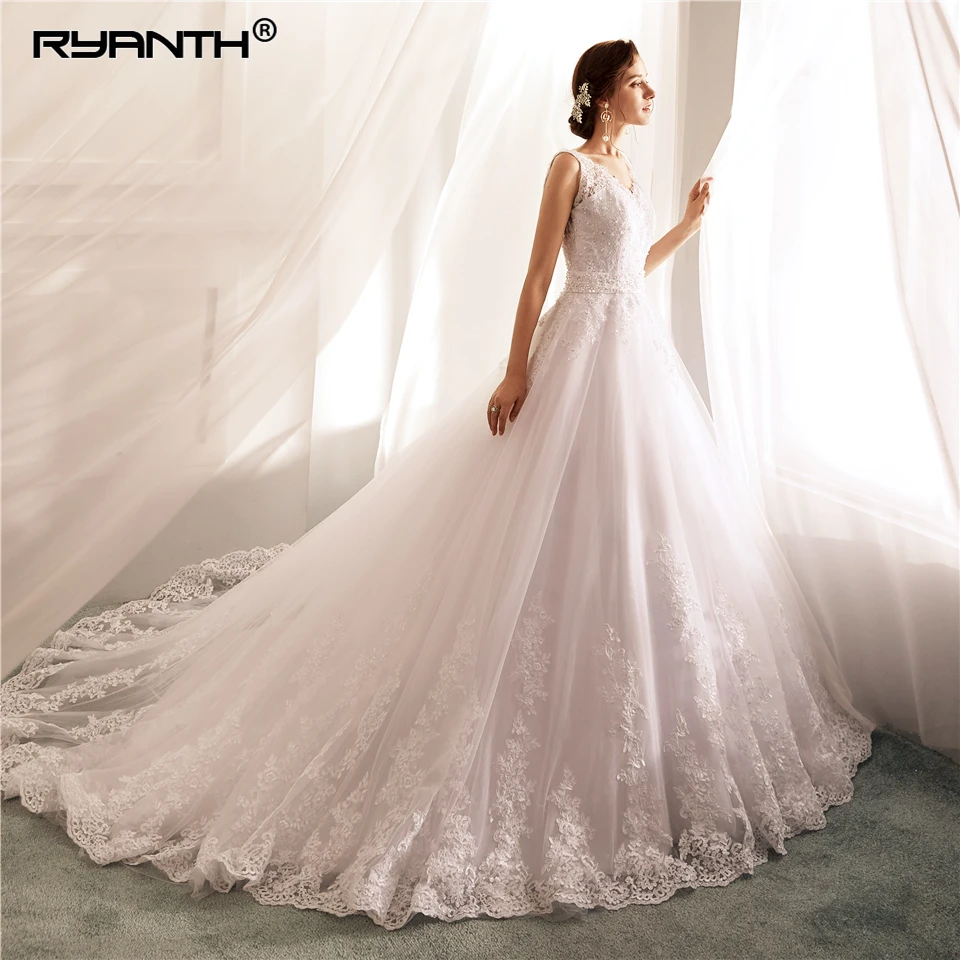 Robe De Mariage Vestidos de novia сексуальное платье на бретельках с v-образным вырезом и поясом из бисера недорогое свадебное платье ТРАПЕЦИЕВИДНОЕ свадебное платье