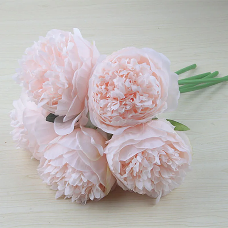 Elegant 5-Piece Peony and Rose Artificial Silk Flower Bouquet - White and Pink Decor