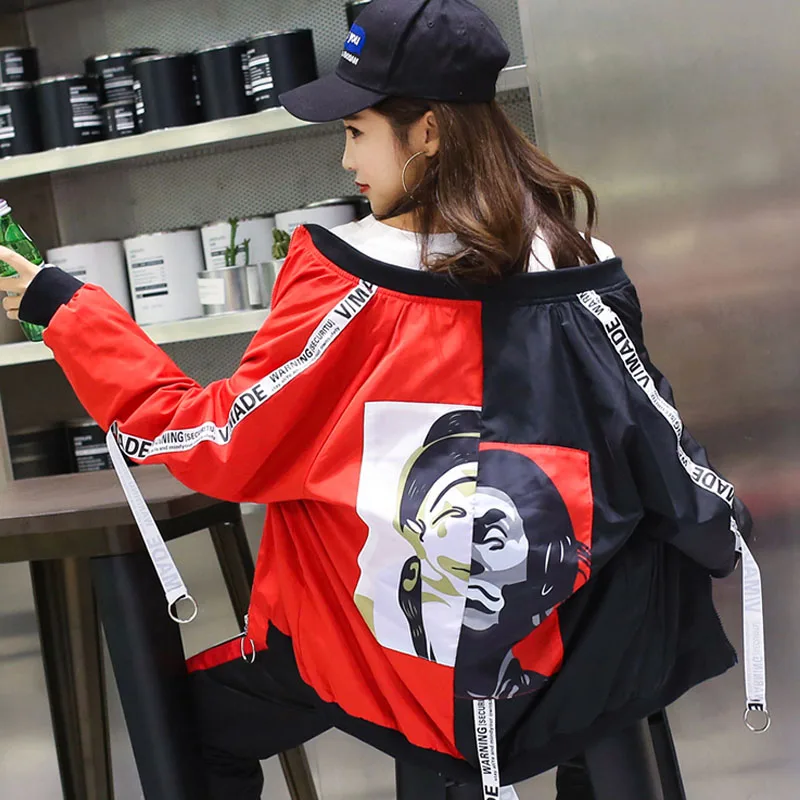 Goedkoop Harajuku jassen hip hop jassen vrouwen rock punk bomber Dunne jas vrouwelijke karakter gedrukt streetwear letters side lint jas