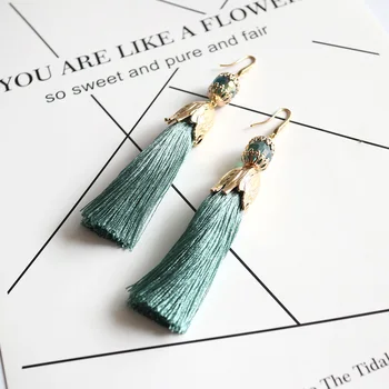 

gold fashion jewelry drop dangle teal tassel earrings handmade designer for women gift party statement ethnic style