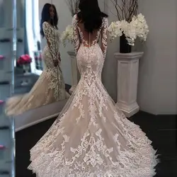 2019 г. новые кружевные Vestido De Noiva платье-Русалка с длинным рукавом свадебные платья прозрачные кружева Sexy V вырез, свадебные платья