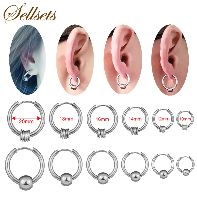 

Sellsets 2pcs 10 To 20mm New Round Stainless Steel Hoop Earrings With Five Circles And Beads For Women Men Jewelry Punk Earring