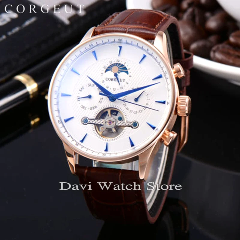 

Corgeut 44mm Stainless Steel Rose gold Case Moon Phase Date Day Mens Automatic mens watches