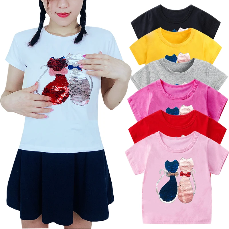 

Double Sided Sequin Flash Glitter T-Shirts For Girls Sequins T Shirt Girls Cartoon Cat Kids Tshirt Summer Teen Clothes For Girls