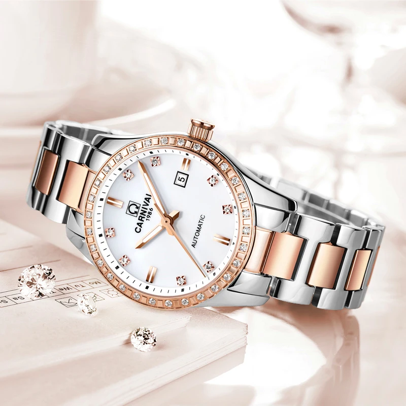 Карнавальные женские часы-браслет, новинка, модные водонепроницаемые светящиеся автоматические часы с календарем, часы из розового золота Bayan Kol Saati
