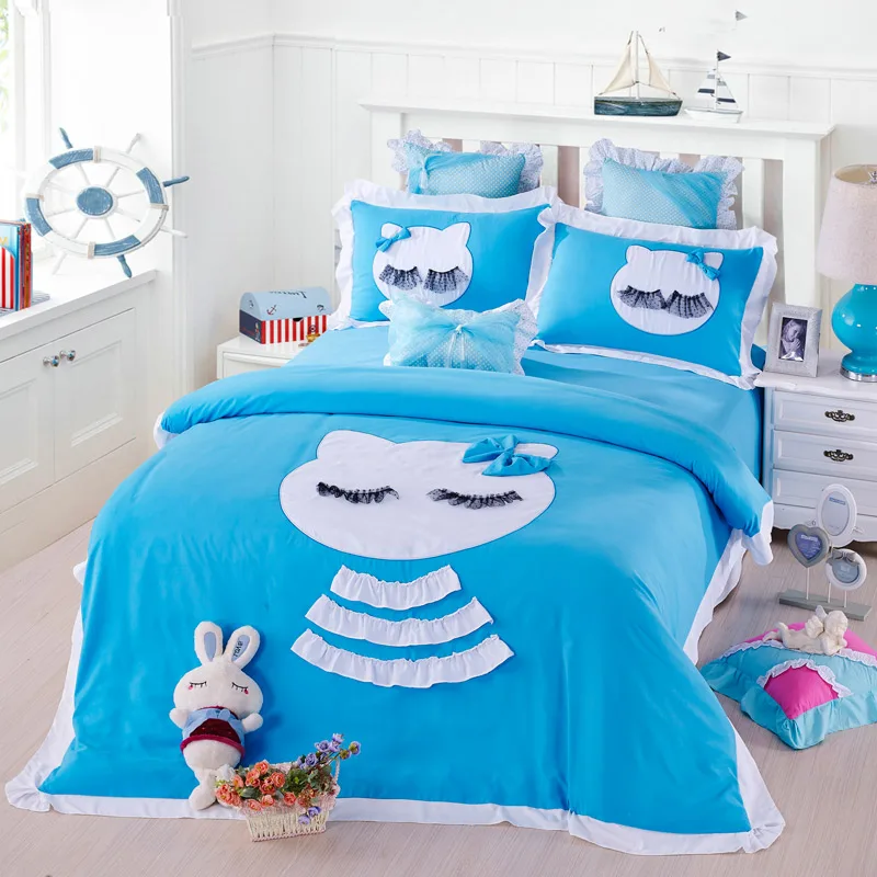 Soft Comfortable Cartoon Lovely Cat Applique Bedding set Ruffles Duvet
