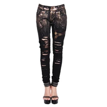 Devil Fashion Bronze Steampunk Denim Trousers Jeans for Women Gothic Hole Ripped Leg Tight Straps Ladies Pants Gold Effect