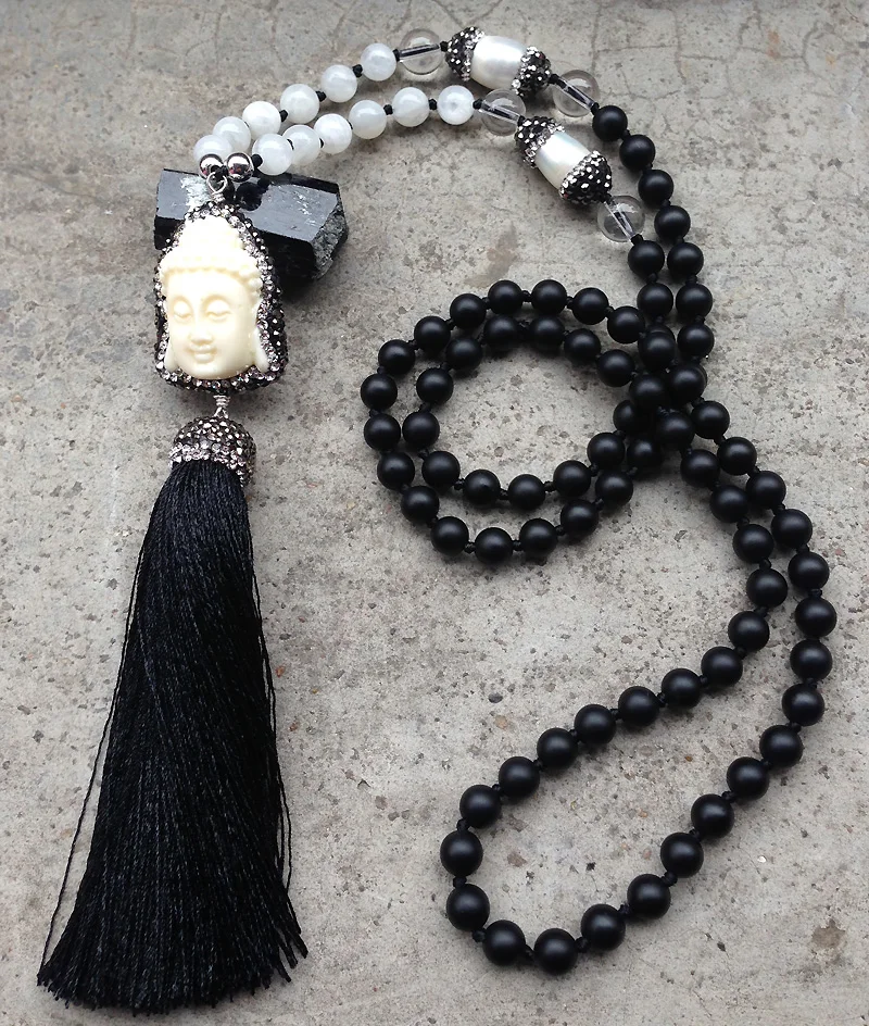 

YA2428 Buddha Pave Rhinestone Tassel Black Agat Beads Knot Handmade Necklace 30-32inch