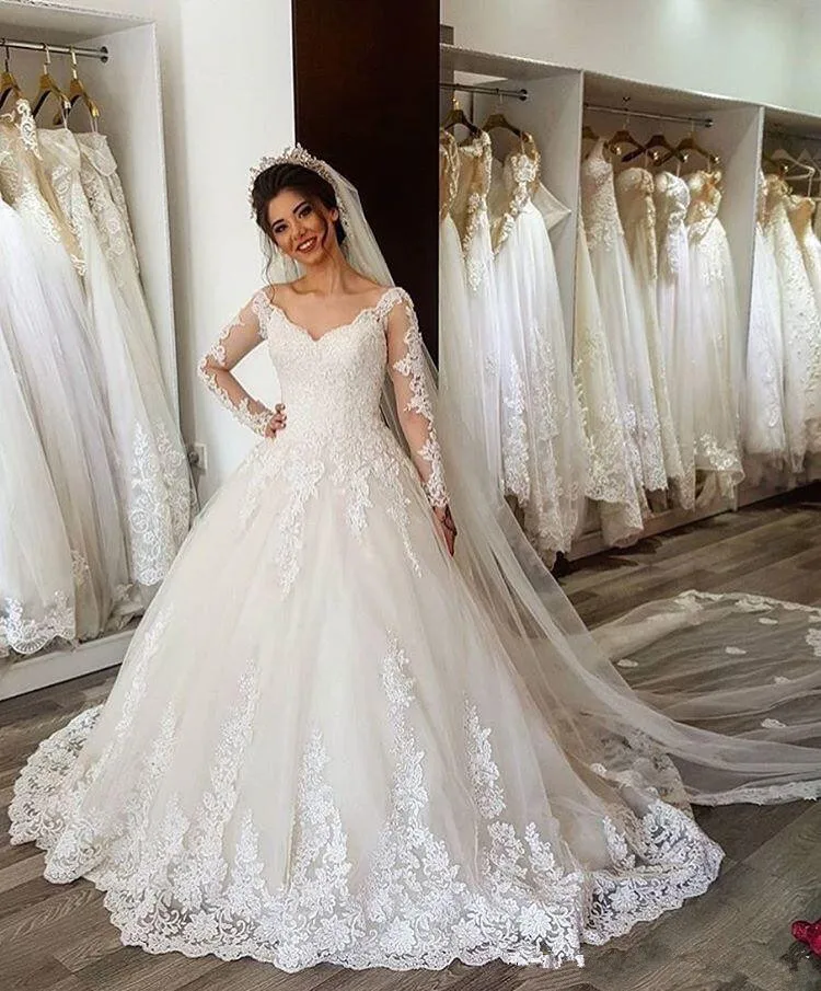 Robe De Mariage Элегантный Sheer длинным рукавом кружева линии Свадебные платья 2019 кнопки платье невесты подвенечные свадебные платья