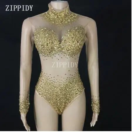 Fashion Shining 4 Colors Stones Perspective Mesh Bodysuit long Sleeves Sexy Stage Performance  luxurious Rhinestones Leotard