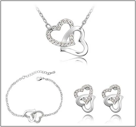 Двойное сердце, чешский АААА+ стразы, модное ожерелье, серьги, ювелирные наборы, прямая, свадебные подвески для влюбленных, женские подарки