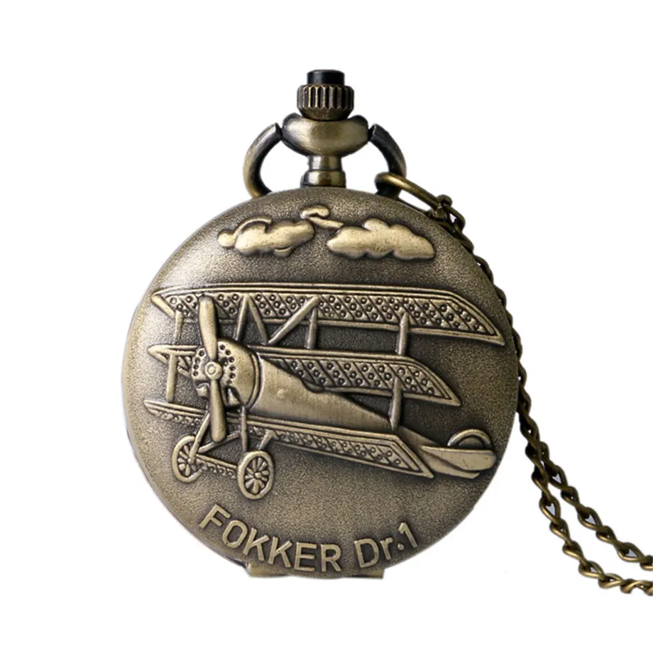 Airplane Theme Pocket Watch Bronze Fokker Dr.1 Plane Solid Sulpture