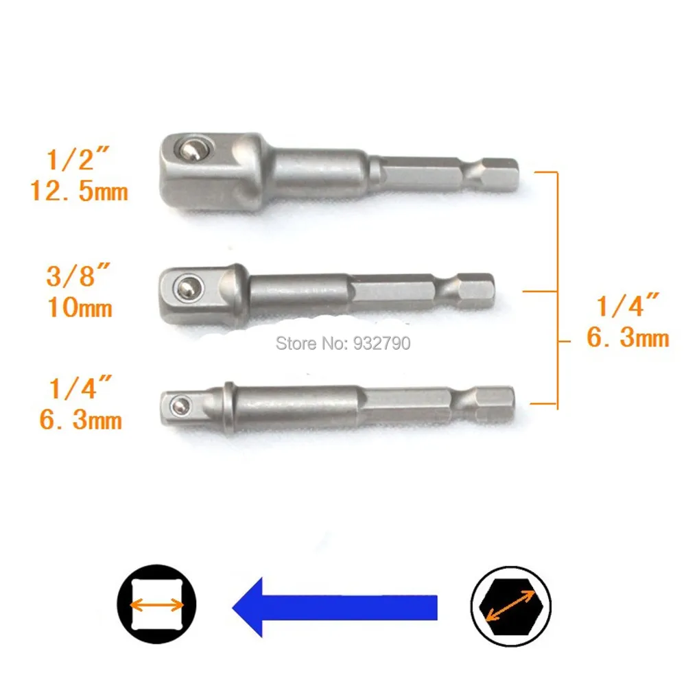 6 PC Square Drive1//4 Hex Shank 1//4 3//8 1//2 Square Socket Adapter Bit Set Nut Driver Adaptor Power Drill Extension Bit