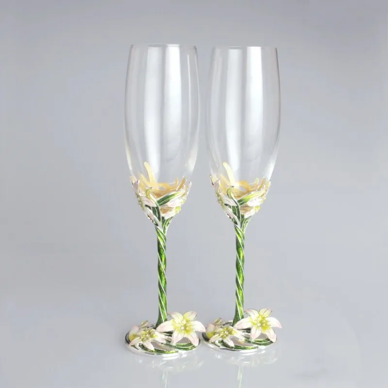 

Enamel Color Champagne Crystal Cup Wedding Gift Goblet Suit Lily Tumbler Color Lily Diamond Alloy Plating Crystal Glass Set