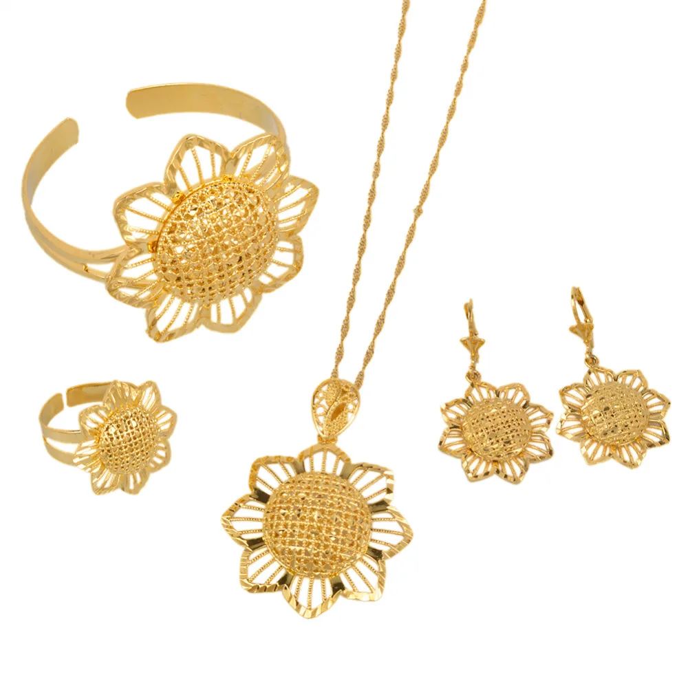 

African Ethiopian Gold Color Flower Pendant Chain Earrings Ring Bangle Saudi Arabia Bride Wedding Jewelry Itmes #J0940