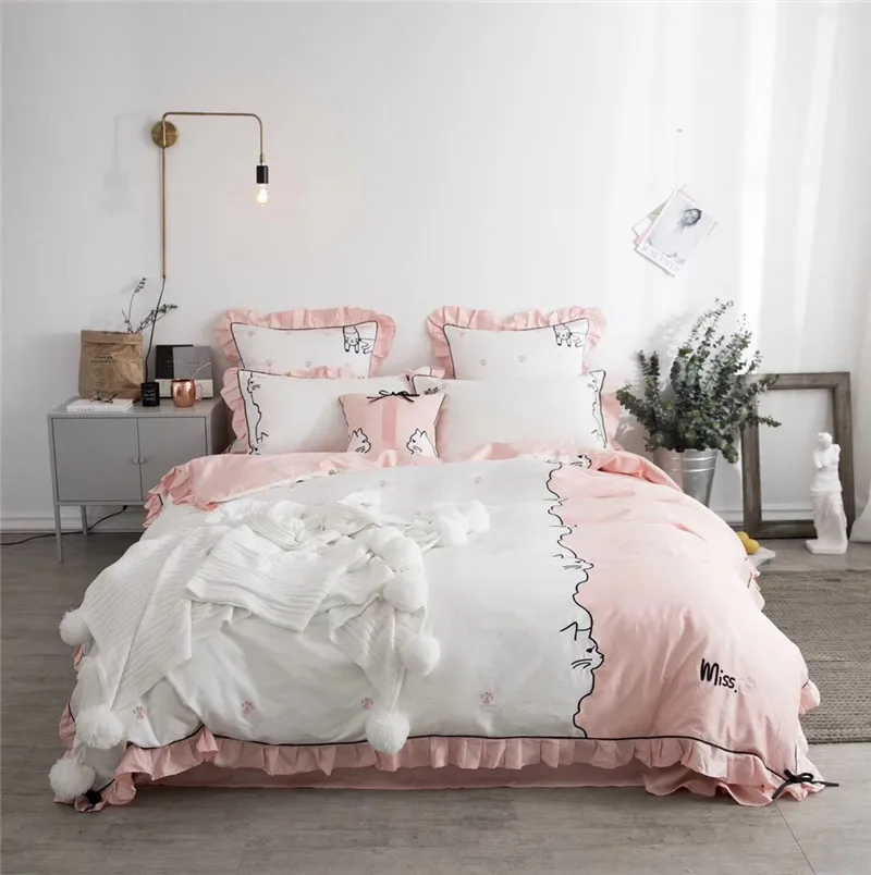 Embroidery Black White Cats Kitty Duvet Quilt Cover Bed Sheet Set Pillowcases