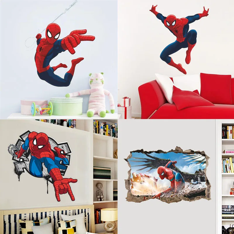 3d наклейки на стену с человеком-пауком для мальчиков, украшение для комнаты, разбитая фреска, художественные наклейки для дома, плакаты с супергероями