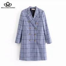 Bella Philosophy Elegant Double Breasted Suit Coats Blue Plaid Turn-Down Collar Autumn Overcoat Casual Long Sleeve Coats