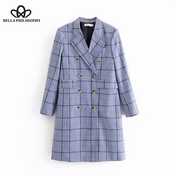 

Bella Philosophy 2018 Elegant Double Breasted Suit Coats Blue Plaid Turn-Down Collar Autumn Overcoat Casual Long Sleeve Coats