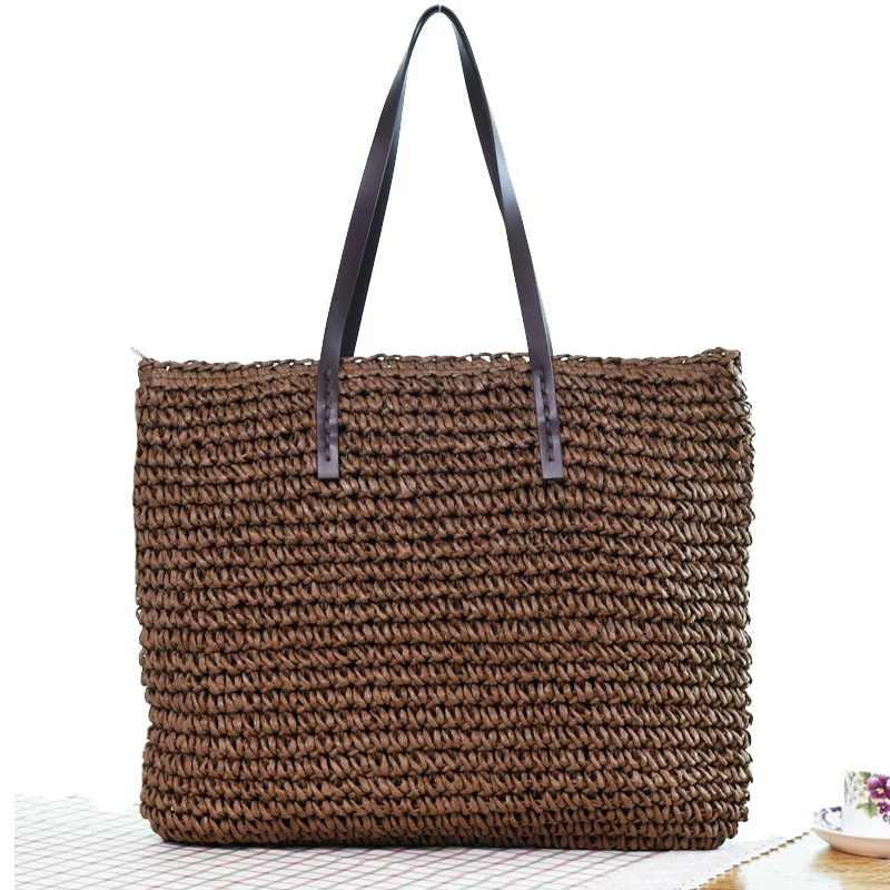 Bolso de playa de verano para mujer, bolso de ratán tejido hecho a mano, paja de gran capacidad, bolso de hombro de cuero para mujer, nuevo bohemio Bolso de playa de verano para mujer, bolso de ratán tejido hecho a mano, paja de gran capacidad, bolso de hombro de cuero para mujer, nuevo bohemio
