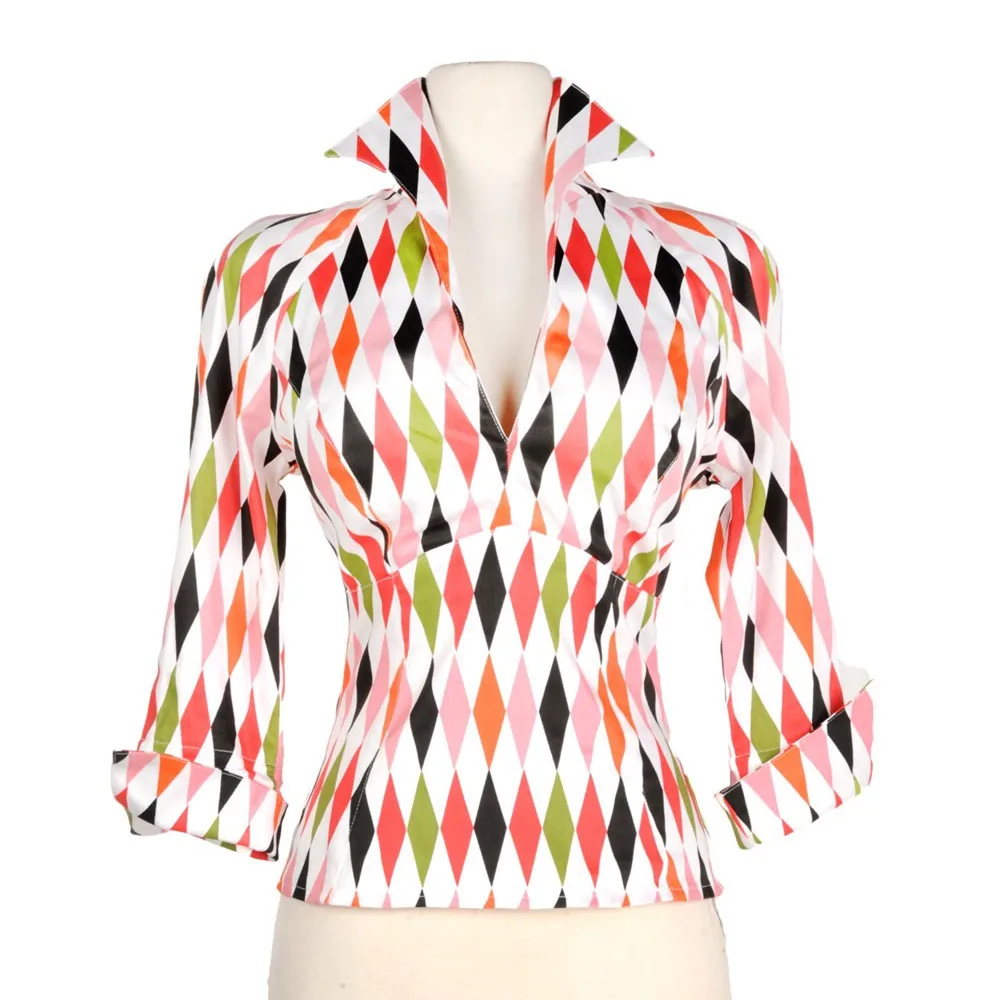 

25- women vintage 50s harlequin print v neck 3/4 sleeve pinup lauren work wear top shirts plus size camisetas boothals shirt