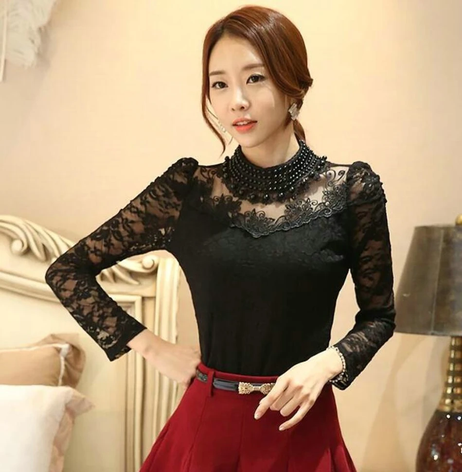 Lace Blouse 2017 Fashion Autumn Women Blouse with Long Sleeve White Studded Beaded Pluse Size Blouses03
