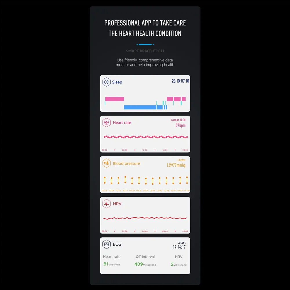 P11 умный Браслет ECG сердечный ритм кровяное давление ECG HRV индекс здоровья Обнаружение вызова сообщение напоминание запястье
