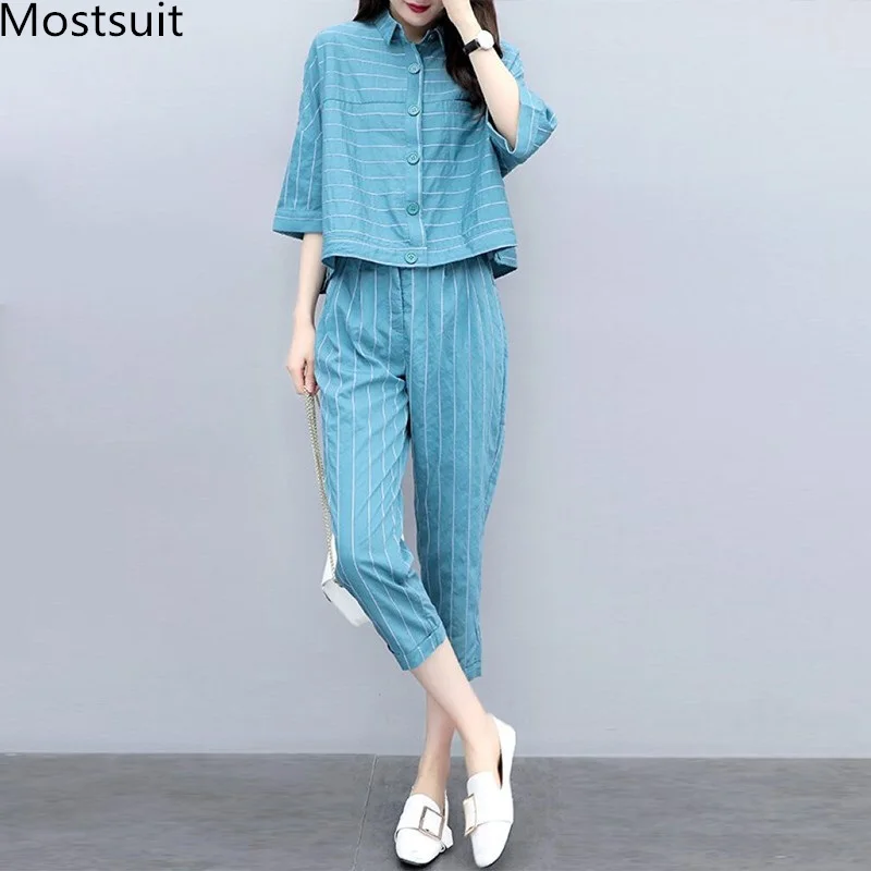 

2019 Summer Blue Striped Two Piece Sets Outfits Women Plus Size 3/4 Sleeve Shirts And Cropped Pants Suits Casual Elegant Sets