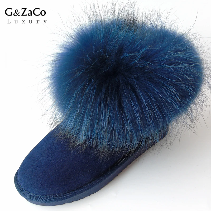 G&Zaco Luxury Natural Dark Blue Fox Fur Snow Boots Cow Suede Genuine Leather Women Boots Flat Real Fur Boots Winter Women Shoes