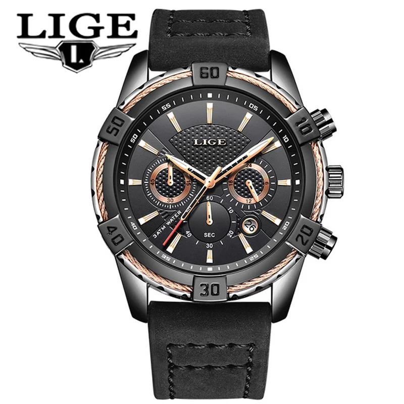 

LIGE Men's Watch Casual Fashion Brand Waterproof Quartz Watch Men's Military Leather Sports Watch Men's Clock Relogio Masculino
