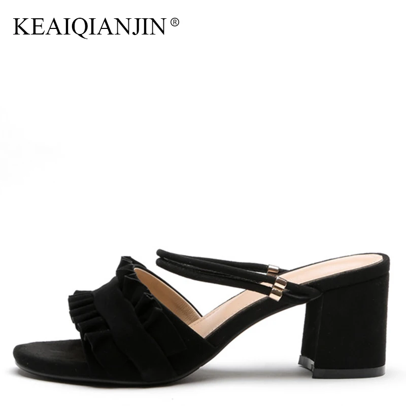 

KEAIQIANJIN Woman Summer Genuine Leather Open Toe Beach Sandal Plus Size 33 - 41 Black Sexy Gladiator High Heeled Slipper 2018