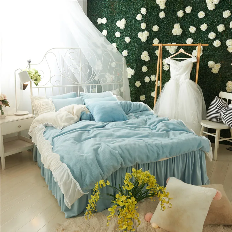 

Light Blue Pink Gray White Soft Fleece Fabric Girls Bedding set Flannel Velvet Duvet Cover Bed Skirt Bed Sheet/Linen Pillowcases