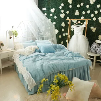 

Light Blue Pink Gray White Soft Fleece Fabric Girls Bedding set Flannel Velvet Duvet Cover Bed Skirt Bed Sheet/Linen Pillowcases
