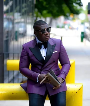 

New Purple Peak lapel Double breasted Men Wedding Suits Male Slim fit 2 Pieces Jacket+Pants For Wedding Groom Prom Party Tuxedos