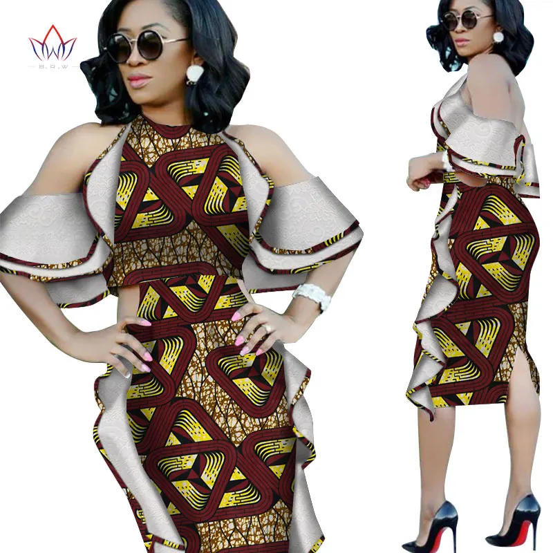 Новая мода Дашики африканские платья для женщин Базен Riche Анкара принт с открытыми плечами кружевные платья Женская африканская одежда WY4976
