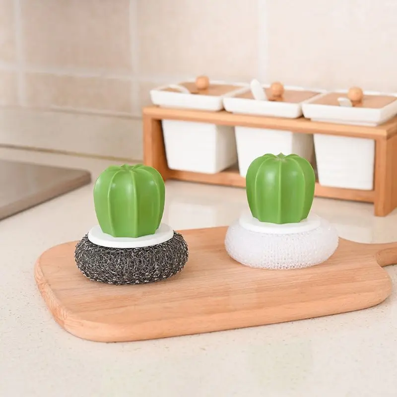 

Cactus Stainless Steel Wire Ball Scourer Scrub Plate Dishe Bowl Cleaning Balls Brush With Plastic Handle Kitchen Tool