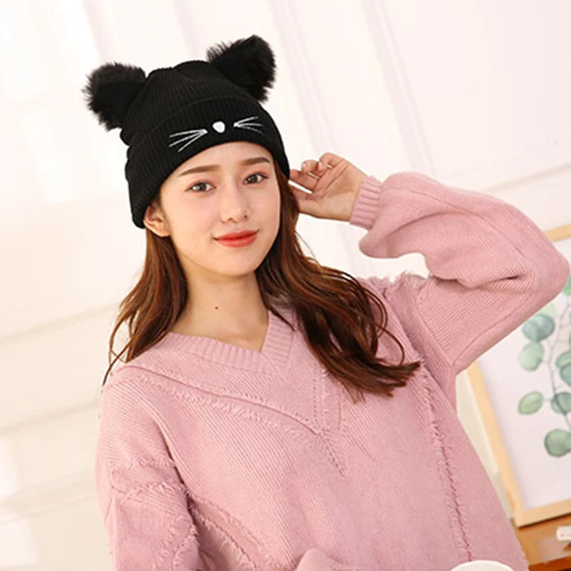 Fashion Lovely Cat Ear Beanie Knitted Cap Winter Ladies Warm Animal Ears Caps Women Solid Woolen Knitting Beanies Hat CP0168  (6)