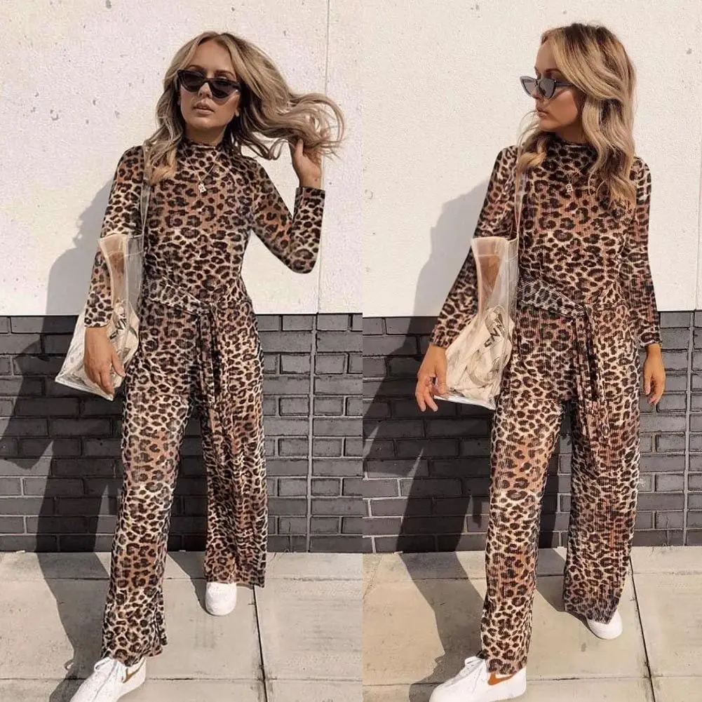 

Fashion Women Leopard Print Jumpsuit Bodycon Bandage Turtleneck Romper Long Trousers Sexy Women Leotard Streetwear