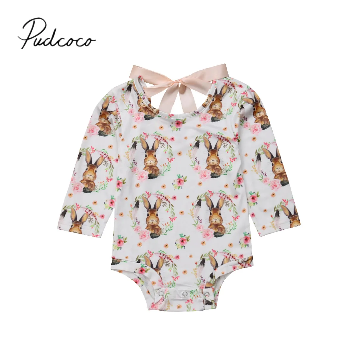

2018 Brand New Infant Baby Girl Boy Autumn Jumpsuits Flowers Rabbit Print Long Sleeve Back Bow Belt Riband Cotton Bodysuits