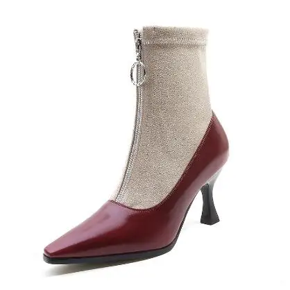 

2018 autumn new women square toe high heel ankle boots Fashion splicing zipper thin heel short boots Ladies stretch boots
