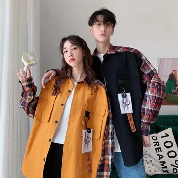 

Autumn New Tooling Shirt Men Fashion Retro Plaid Stitching Casual Shirt Man Streetwear Wild Loose Long-sleeved Shirt S-2XL