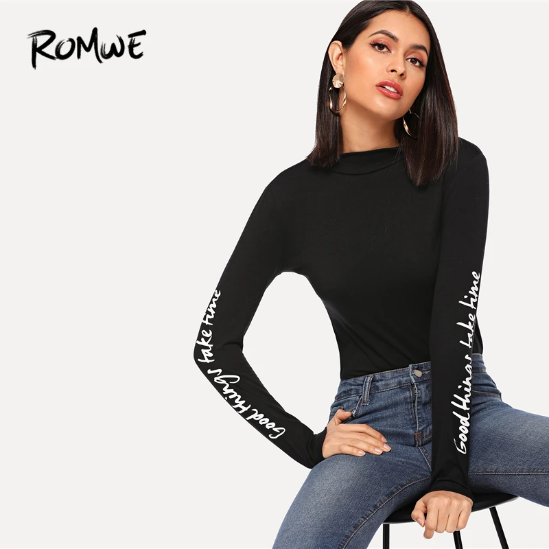 Aliexpress.com : Buy ROMWE Mock Neck Letter Print Slim T Shirt 2019 Stylish Black Comfort Women ...