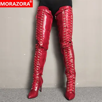 

MORAZORA 2020 Newest over the knee thigh high boots women gladiator thin high heels party prom shoes woman autumn boots red