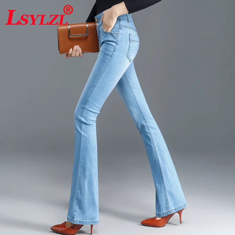

2018 spring high waist jeans new fashion ladies stretch new blue flare pants trousers women B303